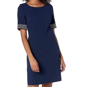 Karl Lagerfeld Paris Scuba Crepe Sheath Athena w/ Heat Set Details Navy Dress 4